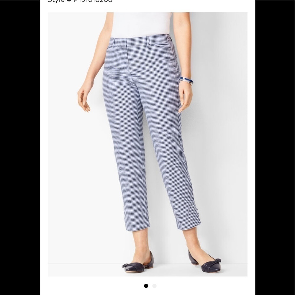 Talbots Pant Trouser Gingham Plaid Navy Blue White Slim Ankle Windowpane Plaid